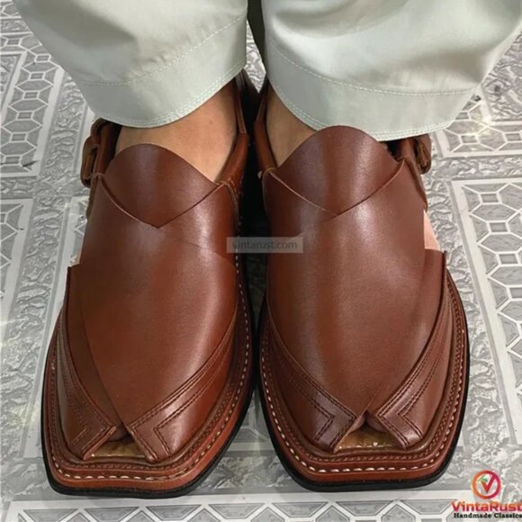 Authentic Shinny Brown Leather Peshawari Chappal, Brown Suede Handmade Sandals, - Picture 1 of 8